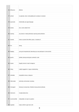 16 eﬃcacious eﬀective
17 enthrall to captivate, charm, hold spellbound; to enslave; to imprison
18 equivocate intentionally use vague language
19 eschew shun, avoid, abstain from
20 exacting very severe in making demands; requiring precise attention
21 frustrate hinder or prevent (the eﬀorts, plans, or desires) of
22 ﬁrm strong
23 ﬂedgling young and inexperienced; describing any new participant in some activity
24 gauche tactless, lacking social grace, awkward, crude
25 hauteur haughty manner or spirit; arrogance;
26 inkling a slight suggestion or vague understanding
27 irrefutable impossible to deny or disprove
28 inﬂammable extremely controversial, incendiary
29 intransigent refusing to compromise, inﬂexible, having extreme attitudes
30 internecine mutually destructive;
31 incontrovertible indisputable; not open to question
32 ingratiate make an eﬀort to gain favor with
9
 