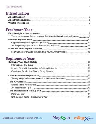 Questions or feedback? Comment here.
Table of Contents 1
Introduction
About Magoosh 3
About CollegeXpress 5
What is this eBook? 7
Freshman Year
Find the right extracurriculars 8
The Importance of Extracurricular Activities in the Admission Process 9
Develop Key Life Skills 11
Organization (The Step by Step Guide) 11
Six Surprising Myths About Succeeding in School 15
Make the most of your summers 18
High Schooler’s Guide to Spending Your Summer Wisely 18
Sophomore Year
Optimize Your Study Habits 23
Interesting = Studying 24
How to Study Online Without Getting Distracted 26
Creating a Productive Group Study Session 29
Learn How to Manage Stress 33
Twenty Ways to Destroy Stress for the Stress-Destroyed 33
Take AP Classes 38
Should I take AP courses? 38
AP Test Insider Tips	  40
Take Standardized Tests, part 1 41
PSAT vs. SAT 41
SAT Subject Tests – Sophomore Year! 44
 