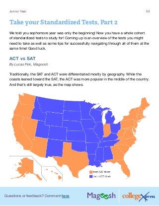 Questions or feedback? Comment here.
Junior Year 53
Take your Standardized Tests, Part 2
We told you sophomore year was only the beginning! Now you have a whole cohort
of standardized tests to study for! Coming up is an overview of the tests you might
need to take as well as some tips for successfully navigating through all of them at the
same time! Good luck.
ACT vs SAT
By Lucas Fink, Magoosh
Traditionally, the SAT and ACT were differentiated mostly by geography. While the
coasts leaned toward the SAT, the ACT was more popular in the middle of the country.
And that’s still largely true, as the map shows.
 