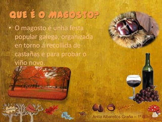 • O magosto é unha festa
  popular galega, organizada
  en torno á recollida de
  castañas e para probar o
  viño novo.
 