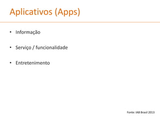 Aplicativos (Apps)
• Informação
• Serviço / funcionalidade
• Entretenimento
Fonte: IAB Brasil 2013
 