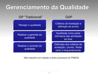 Gerenciamento da Qualidade
    GP “Tradicional”                          GAP
                                     Critérios de Aceitação e
   Planejar a qualidade
                                       definição de pronto

                                      Qualidade como parte
   Realizar a garantia da
                                    intrínseca das atividades
         qualidade
                                             do time

                                    Definição dos critérios de
   Realizar o controle da
                                    aceitação / pronto; Testar
         qualidade
                                     cedo e frequentemente


        Não exaustivo em relação a todos processos do PMBOK




                              139
 