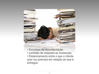 • Excessso de documentação
• Lentidão de resposta as mudanças
• Distanciamento entre o que o cliente
quer (ou precisa) em relação ao que é
entregue


                 34
 