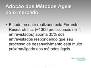 Adoção dos Métodos Ágeis
pelo mercado

• Estudo recente realizado pela Forrester
  Research Inc. (~1300 profissionais de TI
  entrevistados) aponta 35% dos
  entrevistados respondendo que seu
  processo de desenvolvimento está muito
  próximo/ligado aos métodos ágeis.

                                   Fonte: InfoWorld, 2010
                                             Forrester, 2010




                     40
 