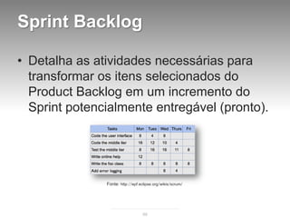 Sprint Backlog

• Detalha as atividades necessárias para
  transformar os itens selecionados do
  Product Backlog em um incremento do
  Sprint potencialmente entregável (pronto).




               Fonte: http://epf.eclipse.org/wikis/scrum/




                                  88
 