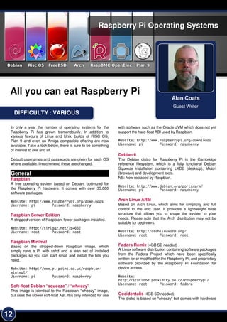12
DIFFICULTY : VARIOUS
Alan Coats
Guest Writer
Raspberry Pi Operating Systems
All you can eat Raspberry Pi
In only a year the number of operating systems for the
Raspberry Pi has grown tremendously. In addition to
various flavours of Linux and Unix, builds of RISC OS,
Plan 9 and even an Amiga compatible offering are now
available. Take a look below, there is sure to be something
of interest to one and all.
Default usernames and passwords are given for each OS
where available. I recommend these are changed.
General
Raspbian
A free operating system based on Debian, optimized for
the Raspberry Pi hardware. It comes with over 35,000
software packages.
Website: http://www.raspberrypi.org/downloads
Username: pi Password: raspberry
Raspbian Server Edition
A stripped version of Raspbian; fewer packages installed.
Website: http://sirlagz.net/?p=662
Username: root Password: root
Raspbian Minimal
Based on the stripped-down Raspbian image, which
simply runs a Pi with sshd and a lean set of installed
packages so you can start small and install the bits you
need.
Website: http://www.pi-point.co.uk/raspbian-
minimal/
Username: pi Password: raspberry
Soft-float Debian “squeeze” / “wheezy”
This image is identical to the Raspbian “wheezy” image,
but uses the slower soft-float ABI. It is only intended for use
with software such as the Oracle JVM which does not yet
support the hard-float ABI used by Raspbian.
Website: http://www.raspberrypi.org/downloads
Username: pi Password: raspberry
Debian 6
The Debian distro for Raspberry Pi is the Cambridge
reference filesystem, which is a fully functional Debian
Squeeze installation containing LXDE (desktop), Midori
(browser) and development tools.
NB: Now replaced by Raspbian.
Website: http://www.debian.org/ports/arm/
Username: pi Password: raspberry
Arch Linux ARM
Based on Arch Linux, which aims for simplicity and full
control to the end user. It provides a lightweight base
structure that allows you to shape the system to your
needs. Please note that the Arch distribution may not be
suitable for beginners.
Website: http://archlinuxarm.org/
Username: root Password: root
Fedora Remix (4GB SD needed)
A Linux software distribution containing software packages
from the Fedora Project which have been specifically
written for or modified for the Raspberry Pi, and proprietary
software provided by the Raspberry Pi Foundation for
device access.
Website:
http://scotland.proximity.on.ca/raspberrypi/
Username: root Password: fedora
Occidentalis (4GB SD needed)
The distro is based on "wheezy" but comes with hardware
 