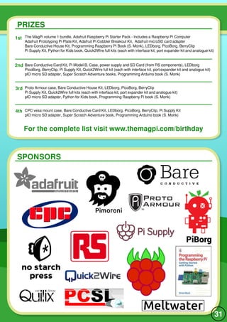 31
SPONSORS
The MagPi volume 1 bundle, Adafruit Raspberry Pi Starter Pack - Includes a Raspberry Pi Computer
Adafruit Prototyping Pi Plate Kit, Adafruit Pi Cobbler Breakout Kit, Adafruit microSD card adapter
Bare Conductive House Kit, Programming Raspberry Pi Book (S. Monk), LEDborg, PicoBorg, BerryClip
Pi Supply Kit, Python for Kids book, Quick2Wire full kits (each with interface kit, port expander kit and analogue kit)
For the complete list visit www.themagpi.com/birthday
1st
2nd
3rd
4th
PRIZES
Bare Conductive Card Kit, Pi Model B, Case, power supply and SD Card (from RS components), LEDborg
PicoBorg, BerryClip, Pi Supply Kit, Quick2Wire full kit (each with interface kit, port expander kit and analogue kit)
plO micro SD adapter, Super Scratch Adventure books, Programming Arduino book (S. Monk)
Proto Armour case, Bare Conductive House Kit, LEDborg, PicoBorg, BerryClip
Pi Supply Kit, Quick2Wire full kits (each with interface kit, port expander kit and analogue kit)
plO micro SD adapter, Python for Kids book, Programming Raspberry Pi book (S. Monk)
CPC vesa mount case, Bare Conductive Card Kit, LEDborg, PicoBorg, BerryClip, Pi Supply Kit
plO micro SD adapter, Super Scratch Adventure book, Programming Arduino book (S. Monk)
 