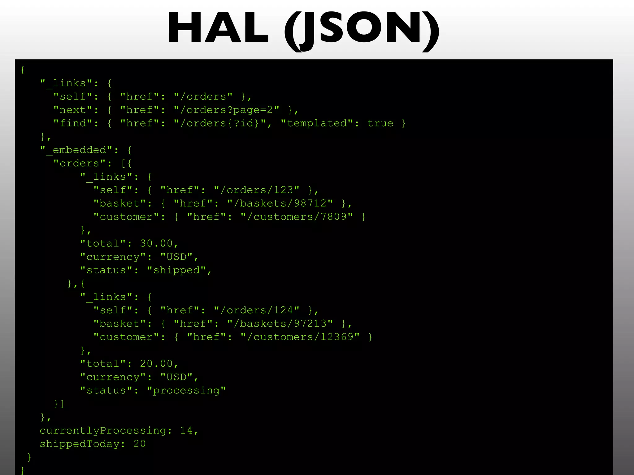 HAL (JSON)
{
     "_links": {
        "self": { "href": "/orders" },
        "next": { "href": "/orders?page=2" },
        "find": { "href": "/orders{?id}", "templated": true }
     },
     "_embedded": {
        "orders": [{
             "_links": {
               "self": { "href": "/orders/123" },
               "basket": { "href": "/baskets/98712" },
               "customer": { "href": "/customers/7809" }
             },
             "total": 30.00,
             "currency": "USD",
             "status": "shipped",
           },{
             "_links": {
               "self": { "href": "/orders/124" },
               "basket": { "href": "/baskets/97213" },
               "customer": { "href": "/customers/12369" }
             },
             "total": 20.00,
             "currency": "USD",
             "status": "processing"
        }]
     },
     currentlyProcessing: 14,
     shippedToday: 20
 }
}
 