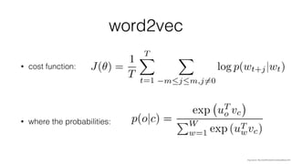 word2vec
• cost function:
• where the probabilities:
img source: http://cs224d.stanford.edu/syllabus.html
 