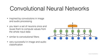 Convolutional Neural Networks
• inspired by convolutions in image
and audio processing
• you learn a set of neurons once and
reuse them to compute values from
the whole input data
• similar to convolutional ﬁlters
• very successful in image and audio
classiﬁcation
img source: http://colah.github.io/
 
