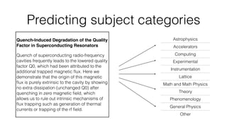 Predicting subject categories
Quench-Induced Degradation of the Quality
Factor in Superconducting Resonators
Quench of superconducting radio-frequency
cavities frequently leads to the lowered quality
factor Q0, which had been attributed to the
additional trapped magnetic ﬂux. Here we
demonstrate that the origin of this magnetic
ﬂux is purely extrinsic to the cavity by showing
no extra dissipation (unchanged Q0) after
quenching in zero magnetic ﬁeld, which
allows us to rule out intrinsic mechanisms of
ﬂux trapping such as generation of thermal
currents or trapping of the rf ﬁeld.
Astrophysics
Accelerators
Computing
Experimental
Instrumentation
Lattice
Math and Math Physics
Theory
Phenomenology
General Physics
Other
 