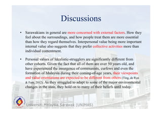 Discussions
Universiti Malaysia Sarawak (UNIMAS)
• Sarawakians in general are more concerned with external factors. How they
feel about the surroundings, and how people treat them are more essential
than how they regard themselves. Interpersonal value being more important
internal value also suggests that they prefer collective activities more than
individual contentment.
• Personal values of Idealistic-strugglers are significantly different from
other cohorts. Given the fact that all of them are over 50 years old, and
have experienced the insurgence of communists, curfews and even the
formation of Malaysia during their coming-of-age years, their viewpoints
and value orientations are expected to be different from others (Ting, de Run
& Fam, 2012). As they struggled to adapt to some of the major environmental
changes in the state, they hold on to many of their beliefs until today.
 