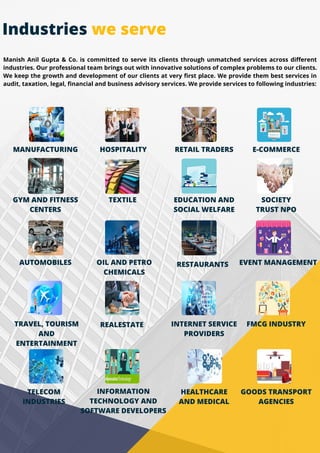 Industries we serve
MANUFACTURING RETAIL TRADERS
TRAVEL, TOURISM
AND
ENTERTAINMENT
FMCG INDUSTRY
GYM AND FITNESS
CENTERS
EDUCATION AND
SOCIAL WELFARE
SOCIETY
TRUST NPO
HOSPITALITY E-COMMERCE
REALESTATE
TEXTILE
AUTOMOBILES
INTERNET SERVICE
PROVIDERS
OIL AND PETRO
CHEMICALS
RESTAURANTS EVENT MANAGEMENT
Manish Anil Gupta & Co. is committed to serve its clients through unmatched services across different
industries. Our professional team brings out with innovative solutions of complex problems to our clients.
We keep the growth and development of our clients at very first place. We provide them best services in
audit, taxation, legal, financial and business advisory services. We provide services to following industries:
TELECOM
INDUSTRIES
INFORMATION
TECHNOLOGY AND
SOFTWARE DEVELOPERS
HEALTHCARE
AND MEDICAL
GOODS TRANSPORT
AGENCIES
 