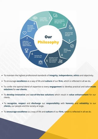 To confer the optimal blend of expertise to every engagement to develop practical and tailor-made
solutions for our clients.
To develop innovative and out-of-the-box solutions which result in value enhancement for our
clients.
To recognize, respect and discharge our responsibility with honesty and reliability to our
clients, our people and the society at large.
Our
Philosophy
To maintain the highest professional standards of integrity, independence, ethics and objectivity.
To encourage excellence as a way of life and culture of our firm, which is reflected in all we do.
To encourage excellence as a way of life and culture of our firm, which is reflected in all we do.
 