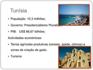 Tunísia
 População: 10,3 milhões;

 Governo: Presidencialismo Pluralista;

 PIB: US$ 86,67 bilhões;

Actividades económicas:

 Terras agrícolas produtivas (cereais, azeite, citrinos) e

  zonas de criação de gado;

 Turismo
 