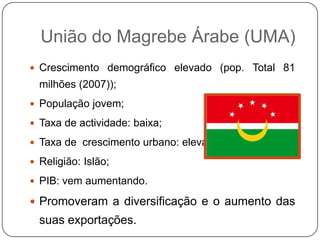 União do Magrebe Árabe (UMA)
 Crescimento demográfico elevado (pop. Total 81
  milhões (2007));
 População jovem;

 Taxa de actividade: baixa;

 Taxa de crescimento urbano: elevado;

 Religião: Islão;

 PIB: vem aumentando.

 Promoveram a diversificação e o aumento das
  suas exportações.
 