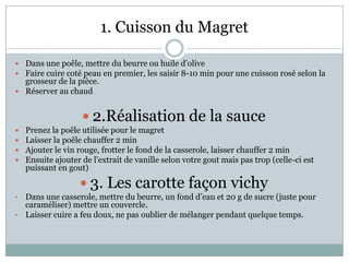 1. Cuisson du Magret

 Dans une poêle, mettre du beurre ou huile d’olive
 Faire cuire coté peau en premier, les saisir 8-10 min pour une cuisson rosé selon la
  grosseur de la pièce.
 Réserver au chaud


                     2.Réalisation de la sauce
   Prenez la poêle utilisée pour le magret
   Laisser la poêle chauffer 2 min
   Ajouter le vin rouge, frotter le fond de la casserole, laisser chauffer 2 min
   Ensuite ajouter de l’extrait de vanille selon votre gout mais pas trop (celle-ci est
    puissant en gout)

                    3. Les carotte façon vichy
• Dans une casserole, mettre du beurre, un fond d’eau et 20 g de sucre (juste pour
  caraméliser) mettre un couvercle.
• Laisser cuire a feu doux, ne pas oublier de mélanger pendant quelque temps.
 