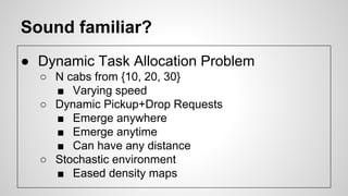 Sound familiar?
● Dynamic Task Allocation Problem
○ N cabs from {10, 20, 30}
■ Varying speed
○ Dynamic Pickup+Drop Requests
■ Emerge anywhere
■ Emerge anytime
■ Can have any distance
○ Stochastic environment
■ Eased density maps
 