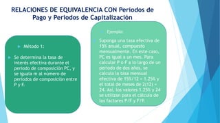 RELACIONES DE EQUIVALENCIA CON Periodos de
Pago y Periodos de Capitalización
 Método 1:
 Se determina la tasa de
interés efectiva durante el
periodo de composición PC, y
se iguala m al número de
periodos de composición entre
P y F.
 Ejemplo:
 Suponga una tasa efectiva de
15% anual, compuesto
mensualmente. En este caso,
PC es igual a un mes. Para
calcular P o F a lo largo de un
periodo de dos años, se
calcula la tasa mensual
efectiva de 15%/12 = 1.25% y
el total de meses de 2(12) =
24. Así, los valores 1.25% y 24
se utilizan para el cálculo de
los factores P/F y F/P.
 