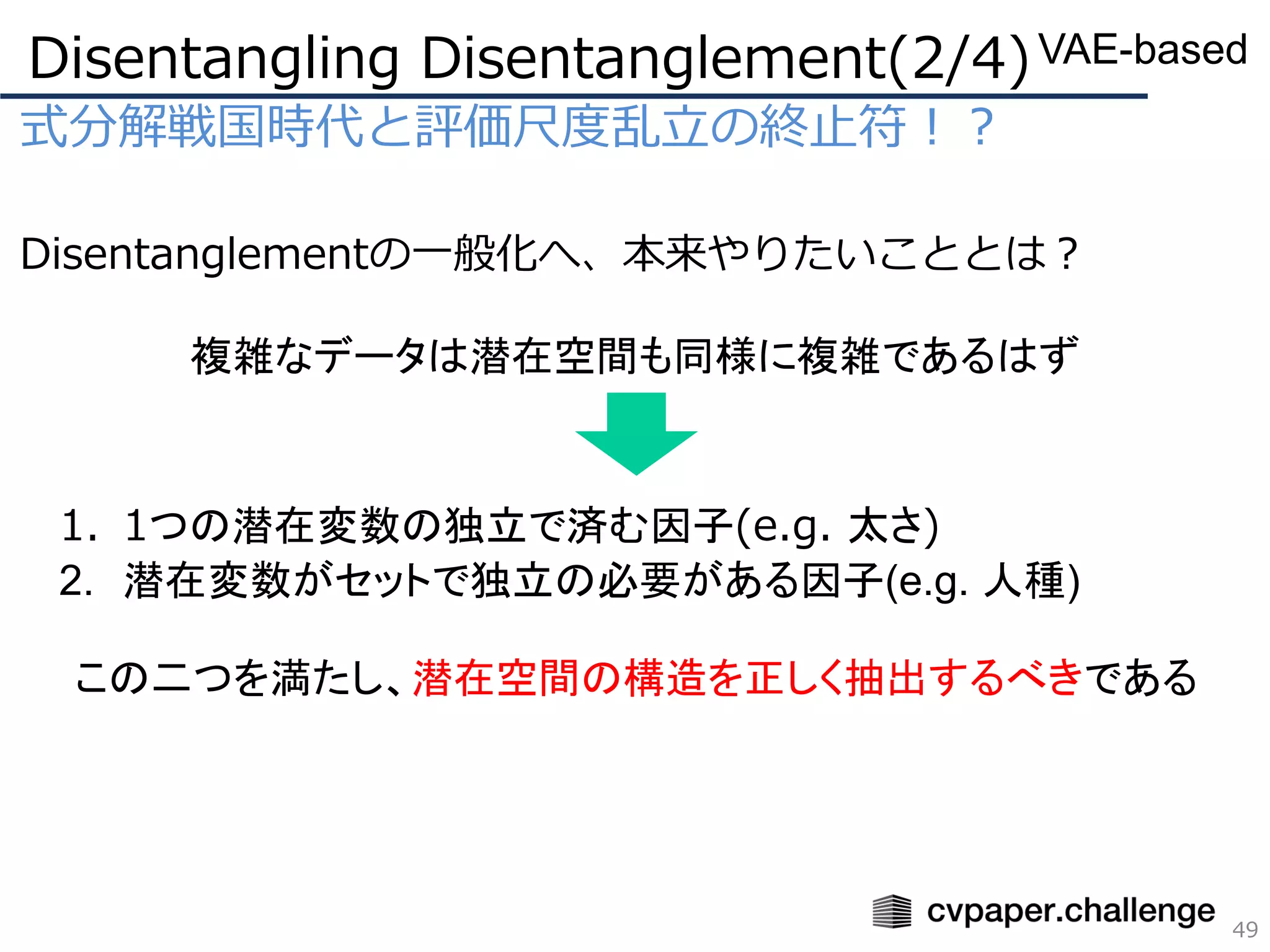 式分解戦国時代と評価尺度乱立の終止符！？
Disentanglementの一般化へ、本来やりたいこととは？
Disentangling Disentanglement(2/4)
49
VAE-based
複雑なデータは潜在空間も同様に複雑であるはず
1. 1つの潜在変数の独立で済む因子(e.g. 太さ)
2. 潜在変数がセットで独立の必要がある因子(e.g. 人種)
この二つを満たし、潜在空間の構造を正しく抽出するべきである
 
