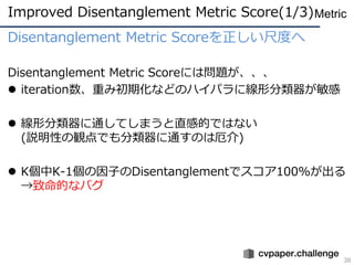 Disentanglement Metric Scoreを正しい尺度へ
Disentanglement Metric Scoreには問題が、、、
⚫ iteration数、重み初期化などのハイパラに線形分類器が敏感
⚫ 線形分類器に通してしまう...