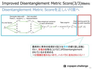 Disentanglement Metric Scoreを正しい尺度へ
Improved Disentanglement Metric Score(3/3)
43
Metric
最終的に青枠の処理をV回(Vは青枠の繰り返し回数)
行い、多数決を...