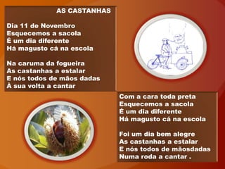 Com a cara toda preta
Esquecemos a sacola
É um dia diferente
Há magusto cá na escola
Foi um dia bem alegre
As castanhas a estalar
E nós todos de mãosdadas
Numa roda a cantar .
AS CASTANHAS
Dia 11 de Novembro
Esquecemos a sacola
É um dia diferente
Há magusto cá na escola
Na caruma da fogueira
As castanhas a estalar
E nós todos de mãos dadas
À sua volta a cantar
