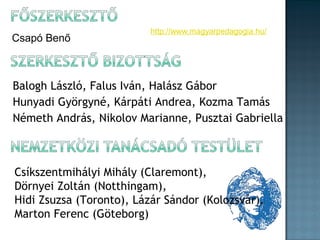 Csapó Benő

http://www.magyarpedagogia.hu/

Balogh László, Falus Iván, Halász Gábor
Hunyadi Györgyné, Kárpáti Andrea, Kozma Tamás
Németh András, Nikolov Marianne, Pusztai Gabriella

Csíkszentmihályi Mihály (Claremont),
Dörnyei Zoltán (Notthingam),
Hidi Zsuzsa (Toronto), Lázár Sándor (Kolozsvár),
Marton Ferenc (Göteborg)

 