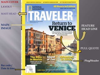MAIN COVER 
LAYOUT 
MAST HEAD 
MAIN 
IMAGE 
FEATURE 
HEAD LINE 
PULL QUOTE 
Plug/Header 
Bar code / 
Date & time 
 