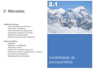 Risco da Procura Características do Turismo Não-lazer- facultativo Concorrência de substituição Condições instáveis de venda Indústria de Exportação Mais mercados, mais problemas Risco da Oferta Instável Rigidez e imobilidade Não haver stock Oferta não se limita à procura Elevados capitais equipamentos e longos períodos de imobilização Multiplicidade motivações 2- Mercados 2.1  instabilidade da procura/oferta 