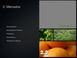Demográficos Sociológicos/ Políticos Turísticos Económicos Pirâmide de Maslow Segmentos 2.3  2- Mercados 2.3 