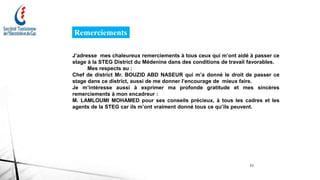 Remerciements
J’adresse mes chaleureux remerciements à tous ceux qui m’ont aidé à passer ce
stage à la STEG District du Médenine dans des conditions de travail favorables.
Mes respects au :
Chef de district Mr. BOUZID ABD NASEUR qui m’a donné le droit de passer ce
stage dans ce district, aussi de me donner l’encourage de mieux faire.
Je m’intéresse aussi à exprimer ma profonde gratitude et mes sincères
remerciements à mon encadreur :
M. LAMLOUMI MOHAMED pour ses conseils précieux, à tous les cadres et les
agents de la STEG car ils m’ont vraiment donné tous ce qu’ils peuvent.
23
 