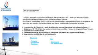 3.Services et clients
La STEG assure la production de l'énergie électrique et du GPL, ainsi que le transport et la
distribution de l'électricité et du gaz naturel au niveau national.
Son objectif principal est de pourvoir le marché national en énergies électriques et gazières et de
répondre aux besoins de l'ensemble de ses clients (résidentiels, industriels, tertiaires…).
 La production de l'électricité à partir de différentes sources (thermique, hydraulique, éolienne,...)
 Le transport de l'électricité : La gestion et le développement des réseaux et des postes Haute Tension.
 La distribution de l'électricité .
 Le développement et la distribution du gaz naturel : La gestion de l'infrastructure gazière.
 La production du GPL (Gaz de pétrole Liquéfié)
Electricité
oProduire
oTransporter
oDistribuer
Gaz
oGaz naturel
oLes produits GPL
8
 