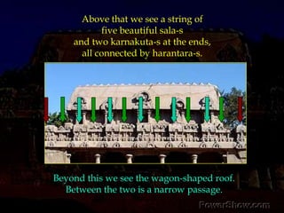 Above that we see a string of five beautiful sala-s and two karnakuta-s at the ends, all connected by harantara-s. Beyond this we see the wagon-shaped roof. Between the two is a narrow passage. 