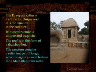 Inside the sanctum is Durga, standing on lotus, though frontal and symmetrical, captivating.The upper right hand holds a discus. The right hand is in the gesture of protection and the left hand rests on her hip. The upper left hand is broken and missing.Four gana-s carrying swords are shown on the upper corners. The devotee sitting on the right is doing archana, while the one on the left is in shown in the gruesome act of self-sacrifice, cutting his own head.