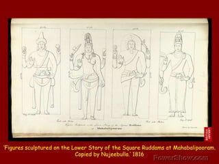 ‘Figures sculptured on the Lower Story of the Square Ruddams at Mahabalipooram. Copied by Nujeebulla.’ 1816 