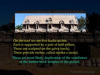 On the roof we see five kudu-arches. <br />Each is supported by a pair of half-pillars.<br />These are sculpted on the gri...