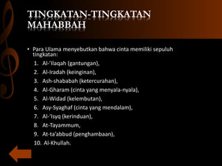 TINGKATAN-TINGKATAN
MAHABBAH
• Para Ulama menyebutkan bahwa cinta memiliki sepuluh
tingkatan:
1. Al-’Ilaqah (gantungan),
2. Al-Iradah (keinginan),
3. Ash-shababah (ketercurahan),
4. Al-Gharam (cinta yang menyala-nyala),
5. Al-Widad (kelembutan),
6. Asy-Syaghaf (cinta yang mendalam),
7. Al-‘Isyq (kerinduan),
8. At-Tayammum,
9. At-ta’abbud (penghambaan),
10. Al-Khullah.
 