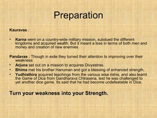 Preparation
Kauravas :
• Karna went on a country-wide military mission, subdued the different
kingdoms and acquired wealth. But it meant a loss in terms of both men and
money and creation of new enemies.
Pandavas : Though in exile they turned their attention to improving over their
weakness
• Arjuna set out on a mission to acquires Divyastras.
• Bhima met his brother Hanuman and got a blessing of enhanced strength.
• Yudhisthira acquired teachings from the various wise rishis, and also learnt
the Game of Dice from Gandharava Chtrasena, lest he was challenged to
yet another dice game. Its said that he had become undefeatable in Dice.
Turn your weakness into your Strength.
 