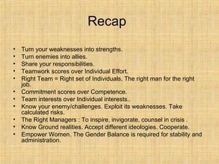 Recap
• Turn your weaknesses into strengths.
• Turn enemies into allies.
• Share your responsibilities.
• Teamwork scores over Individual Effort.
• Right Team = Right set of Individuals. The right man for the right
job.
• Commitment scores over Competence.
• Team interests over Individual interests..
• Know your enemy/challenges. Exploit its weaknesses. Take
calculated risks.
• The Right Managers : To inspire, invigorate, counsel in crisis .
• Know Ground realities. Accept different ideologies. Cooperate.
• Empower Women. The Gender Balance is required for stability and
administration.
 