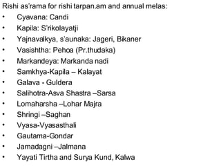 Balarama’s tirthayatra along Sarasvati: S’alyaparva MBh. Rishi as’rama for rishi tarpan.am and annual melas: Cyavana: Candi Kapila: S’rikolayatji Yajnavalkya, s’aunaka: Jageri, Bikaner Vasishtha: Pehoa (Pr.thudaka) Markandeya: Markanda nadi Samkhya-Kapila – Kalayat Galava - Guldera Salihotra-Asva Shastra –Sarsa Lomaharsha –Lohar Majra Shringi –Saghan Vyasa-Vyasasthali Gautama-Gondar Jamadagni –Jalmana Yayati Tirtha and Surya Kund, Kalwa 