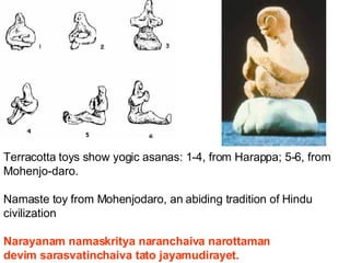 Terracotta toys show yogic asanas: 1-4, from Harappa; 5-6, from Mohenjo-daro.  Namaste toy from Mohenjodaro, an abiding tradition of Hindu civilization Narayanam namaskritya naranchaiva narottaman  devim sarasvatinchaiva tato jayamudirayet.  
