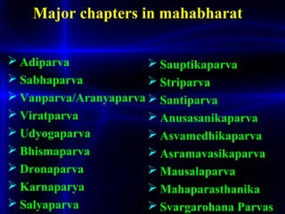 Major chapters in mahabharat
 Adiparva
 Sabhaparva
 Vanparva/Aranyaparva
 Viratparva
 Udyogaparva
 Bhismaparva
 Dronaparva
 Karnaparya
 Salyaparva
 Sauptikaparva
 Striparva
 Santiparva
 Anusasanikaparva
 Asvamedhikaparva
 Asramavasikaparva
 Mausalaparva
 Mahaparasthanika
 Svargarohana Parvas
 