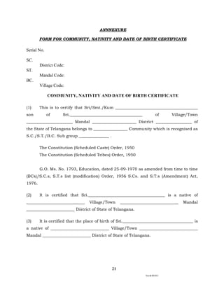 Ver.dt.081015
21
ANNNEXURE
FORM FOR COMMUNITY, NATIVITY AND DATE OF BIRTH CERTIFICATE
Serial No.
SC.
District Code:
ST.
Mandal Code:
BC.
Village Code:
COMMUNITY, NATIVITY AND DATE OF BIRTH CERTIFICATE
(1) This is to certify that Sri/Smt./Kum _________________________________________
son of Sri.____________________________________ of Village/Town
_______________________ Mandal ______________________ District __________________ of
the State of Telangana belongs to _________________ Community which is recognised as
S.C./S.T./B.C. Sub group _______________ .
The Constitution (Scheduled Caste) Order, 1950
The Constitution (Scheduled Tribes) Order, 1950
G.O. Ms. No. 1793, Education, dated 25-09-1970 as amended from time to time
(BCs)/S.C.s, S.T.s list (modification) Order, 1956 S.Cs. and S.T.s (Amendment) Act,
1976.
(2) It is certified that Sri.______________________________________ is a native of
_____________________________ Village/Town _____________________________ Mandal
________________________ District of State of Telangana.
(3) It is certified that the place of birth of Sri.___________________________________ is
a native of _____________________________ Village/Town _____________________________
Mandal ________________________ District of State of Telangana.
 