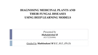 DIAGNOSING MEDICINAL PLANTS AND
THEIR FUNGAL DISEASES
USING DEEP LEARNING MODELS
Guided by Mathinakani M B.E.,M.E.,(Ph.D)
Presented by
Mahalakshmi R
(921722203009)
 