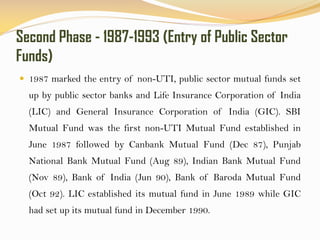 Second Phase - 1987-1993 (Entry of Public Sector
Funds)
 1987 marked the entry of non-UTI, public sector mutual funds set
up by public sector banks and Life Insurance Corporation of India
(LIC) and General Insurance Corporation of India (GIC). SBI
Mutual Fund was the first non-UTI Mutual Fund established in
June 1987 followed by Canbank Mutual Fund (Dec 87), Punjab
National Bank Mutual Fund (Aug 89), Indian Bank Mutual Fund
(Nov 89), Bank of India (Jun 90), Bank of Baroda Mutual Fund
(Oct 92). LIC established its mutual fund in June 1989 while GIC
had set up its mutual fund in December 1990.
 