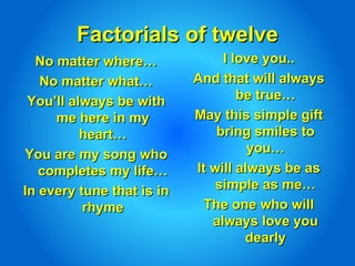 Factorials of twelve No matter where… No matter what… You’ll always be with me here in my heart… You are my song who completes my life… In every tune that is in rhyme I love you.. And that will always be true… May this simple gift bring smiles to you… It will always be as simple as me… The one who will always love you dearly 