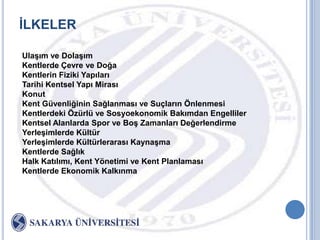 ĠLKELER

UlaĢım ve DolaĢım
Kentlerde Çevre ve Doğa
Kentlerin Fiziki Yapıları
Tarihi Kentsel Yapı Mirası
Konut
Kent Güvenliğinin Sağlanması ve Suçların Önlenmesi
Kentlerdeki Özürlü ve Sosyoekonomik Bakımdan Engelliler
Kentsel Alanlarda Spor ve BoĢ Zamanları Değerlendirme
YerleĢimlerde Kültür
YerleĢimlerde Kültürlerarası KaynaĢma
Kentlerde Sağlık
Halk Katılımı, Kent Yönetimi ve Kent Planlaması
Kentlerde Ekonomik Kalkınma
 