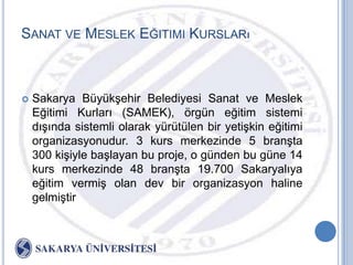 SANAT VE MESLEK EĞITIMI KURSLARı



   Sakarya BüyükĢehir Belediyesi Sanat ve Meslek
    Eğitimi Kurları (SAMEK), örgün eğitim sistemi
    dıĢında sistemli olarak yürütülen bir yetiĢkin eğitimi
    organizasyonudur. 3 kurs merkezinde 5 branĢta
    300 kiĢiyle baĢlayan bu proje, o günden bu güne 14
    kurs merkezinde 48 branĢta 19.700 Sakaryalıya
    eğitim vermiĢ olan dev bir organizasyon haline
    gelmiĢtir
 