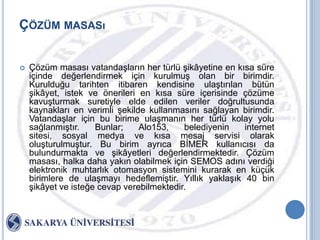 ÇÖZÜM MASASı


   Çözüm masası vatandaĢların her türlü Ģikâyetine en kısa süre
    içinde değerlendirmek için kurulmuĢ olan bir birimdir.
    Kurulduğu tarihten itibaren kendisine ulaĢtırılan bütün
    Ģikâyet, istek ve önerileri en kısa süre içerisinde çözüme
    kavuĢturmak suretiyle elde edilen veriler doğrultusunda
    kaynakları en verimli Ģekilde kullanmasını sağlayan birimdir.
    VatandaĢlar için bu birime ulaĢmanın her türlü kolay yolu
    sağlanmıĢtır.    Bunlar;    Alo153,    belediyenin   internet
    sitesi, sosyal medya ve kısa mesaj servisi olarak
    oluĢturulmuĢtur. Bu birim ayrıca BĠMER kullanıcısı da
    bulundurmakta ve Ģikâyetleri değerlendirmektedir. Çözüm
    masası, halka daha yakın olabilmek için SEMOS adını verdiği
    elektronik muhtarlık otomasyon sistemini kurarak en küçük
    birimlere de ulaĢmayı hedeflemiĢtir. Yıllık yaklaĢık 40 bin
    Ģikâyet ve isteğe cevap verebilmektedir.
 
